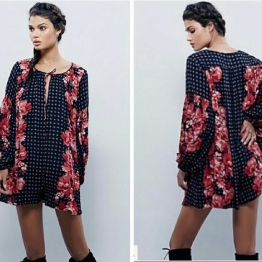 Free People Sunset Blvd Red Black Floral Romper S